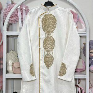 White Gold Brocade Embroidered Long Jacket Coat